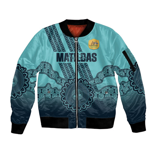 Custom Australia Matildas Sleeve Zip Bomber Jacket Aussie Aboriginal Turquoise Version