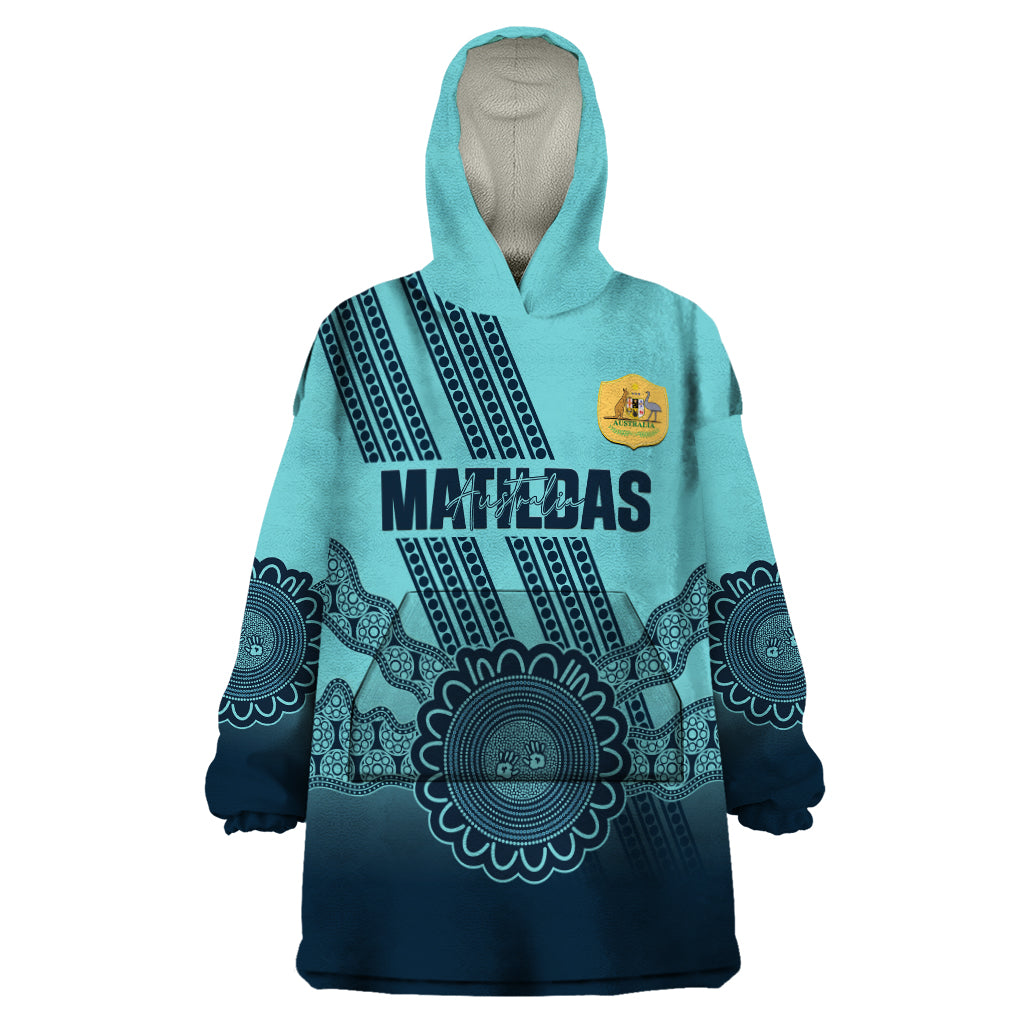 Custom Australia Matildas Wearable Blanket Hoodie Aussie Aboriginal Turquoise Version