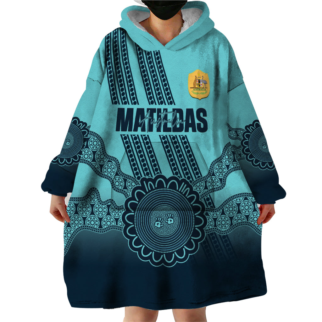 Custom Australia Matildas Wearable Blanket Hoodie Aussie Aboriginal Turquoise Version