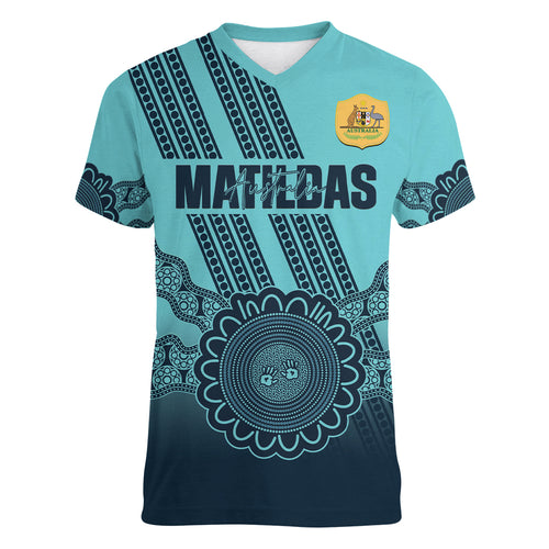 Custom Australia Matildas Women V-Neck T-Shirt Aussie Aboriginal Turquoise Version