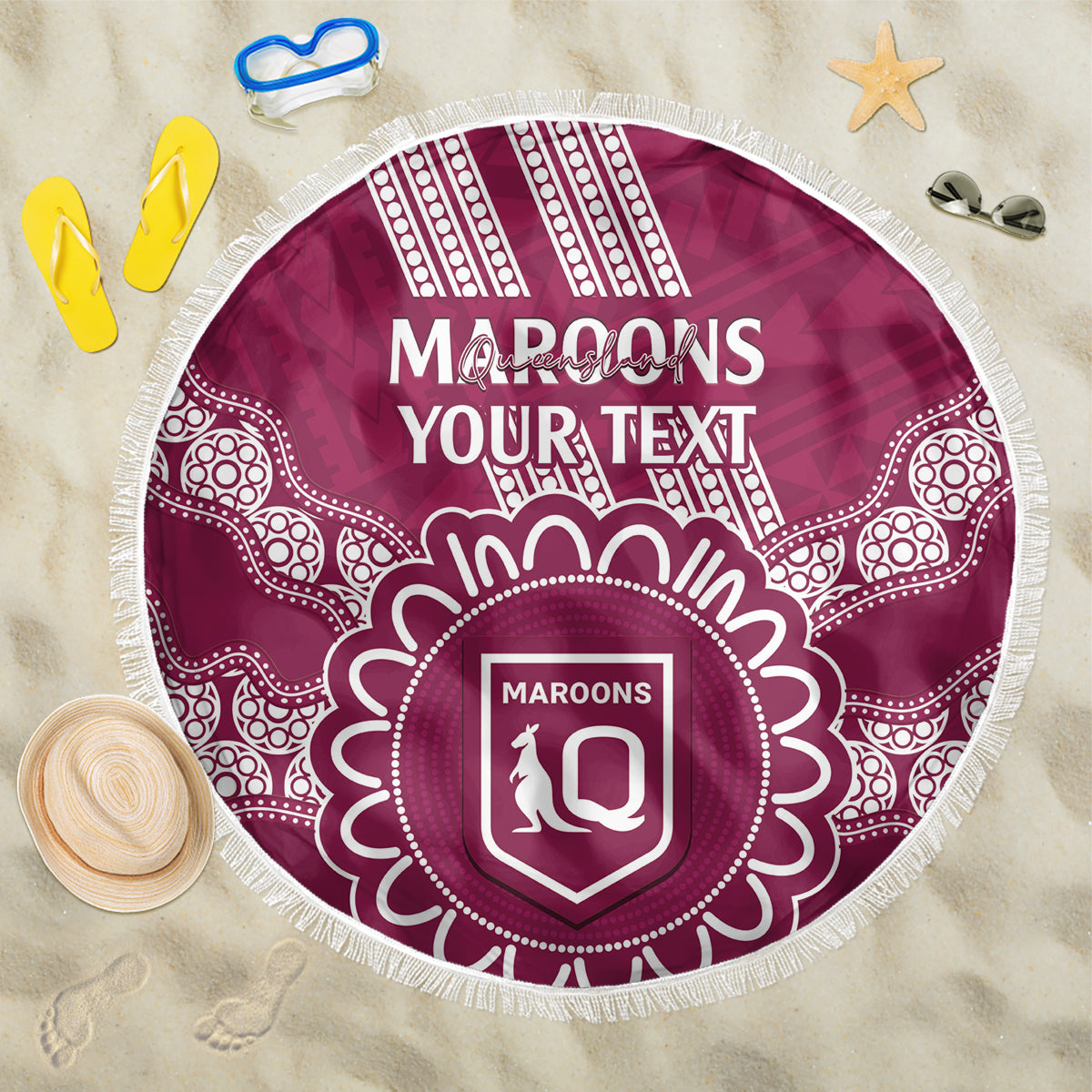 Custom QLD Maroons Rugby Beach Blanket Aussie Aboriginal Mix Polynesian Pattern