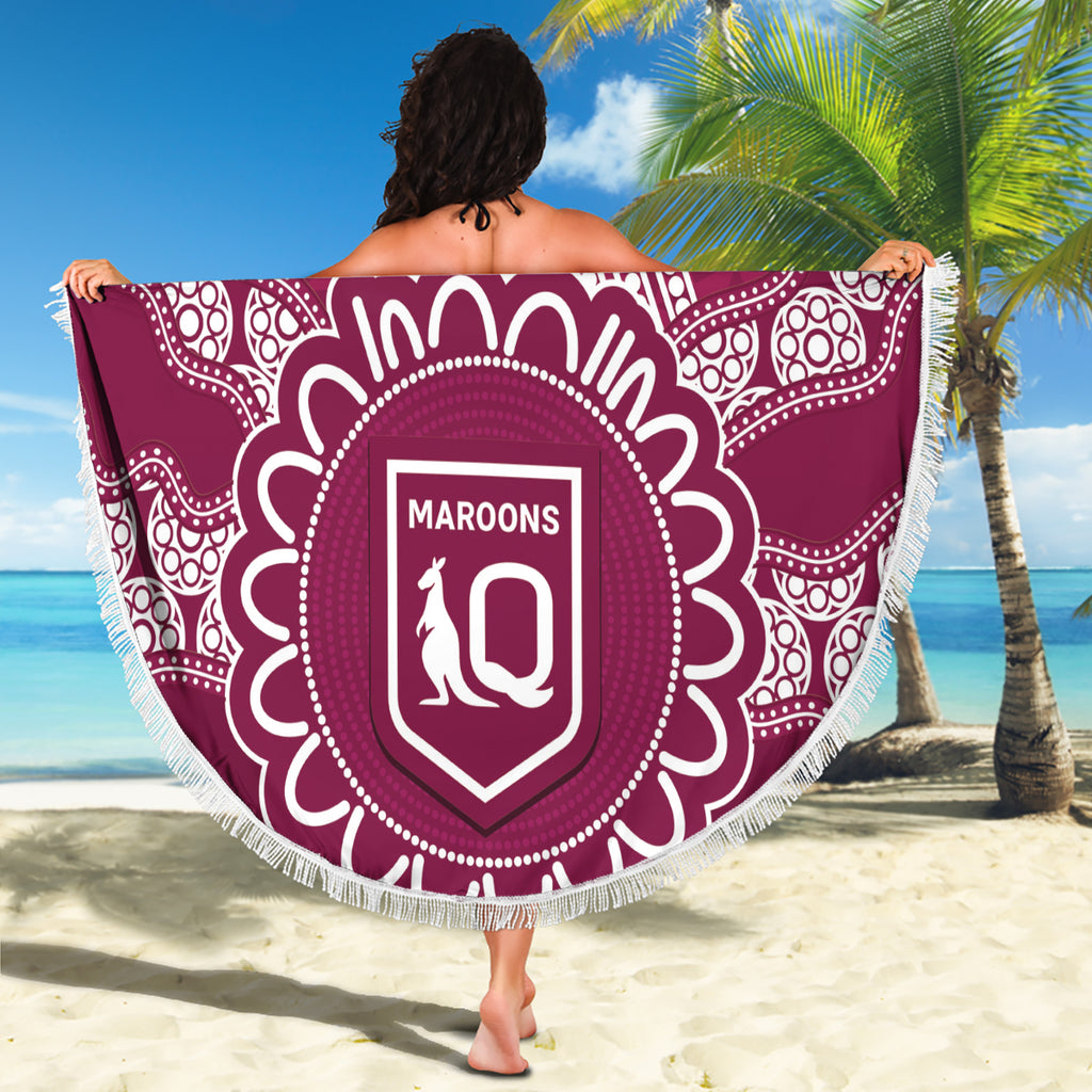 Custom QLD Maroons Rugby Beach Blanket Aussie Aboriginal Mix Polynesian Pattern