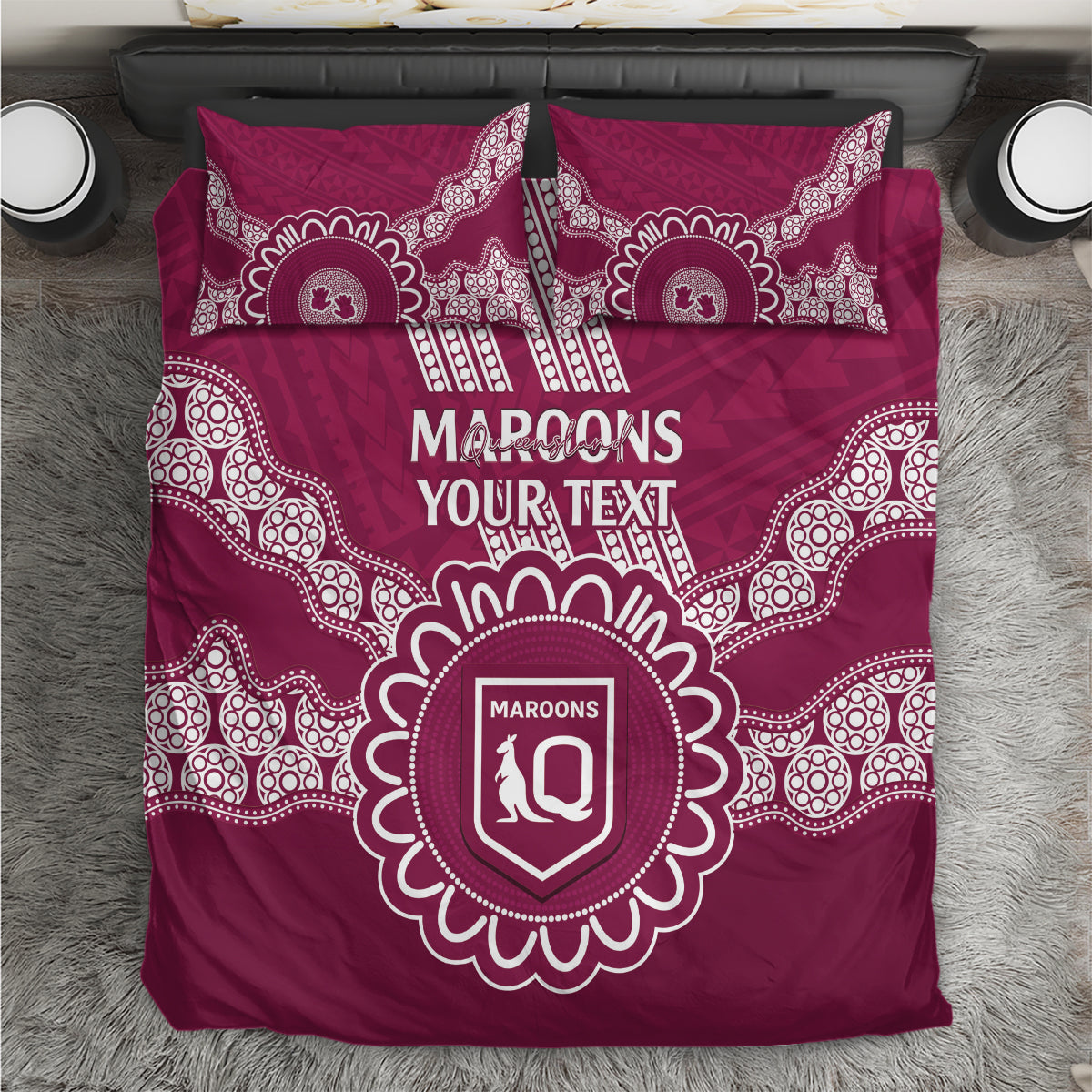 Custom QLD Maroons Rugby Bedding Set Aussie Aboriginal Mix Polynesian Pattern