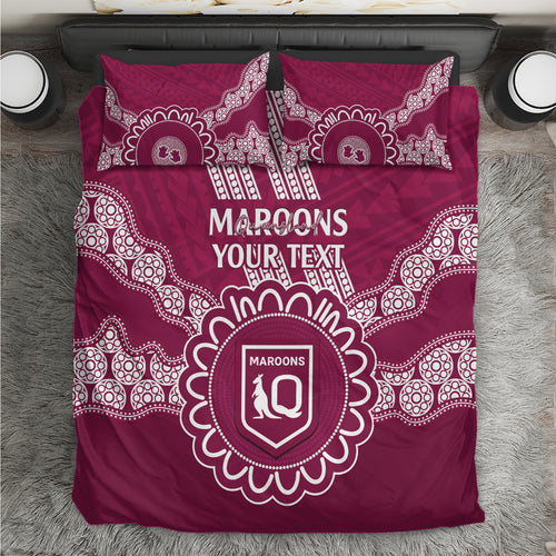 Custom QLD Maroons Rugby Bedding Set Aussie Aboriginal Mix Polynesian Pattern