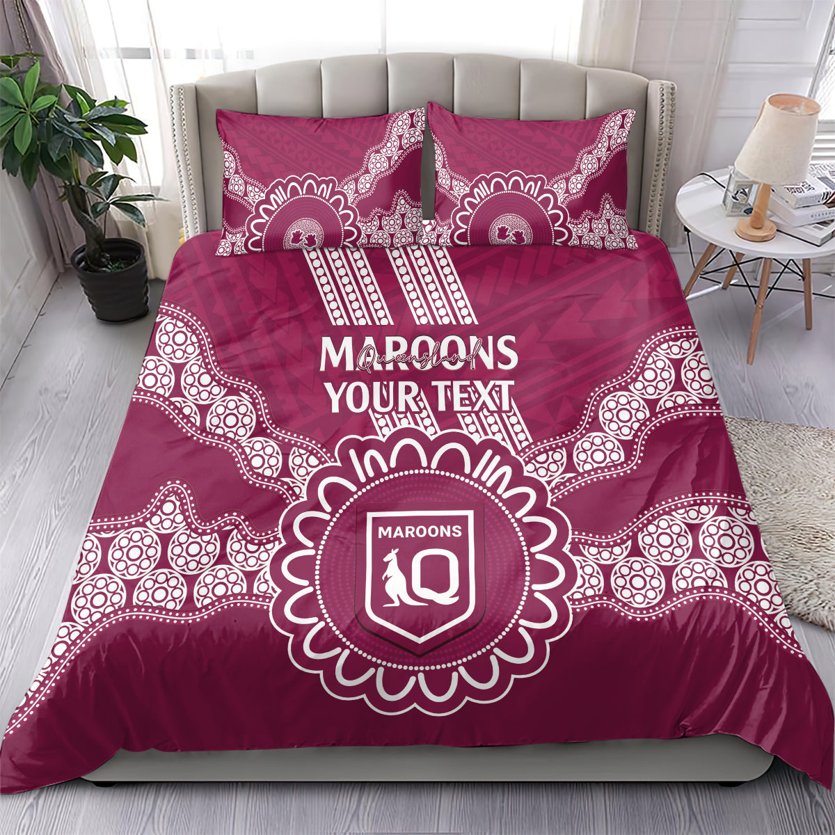 Custom QLD Maroons Rugby Bedding Set Aussie Aboriginal Mix Polynesian Pattern