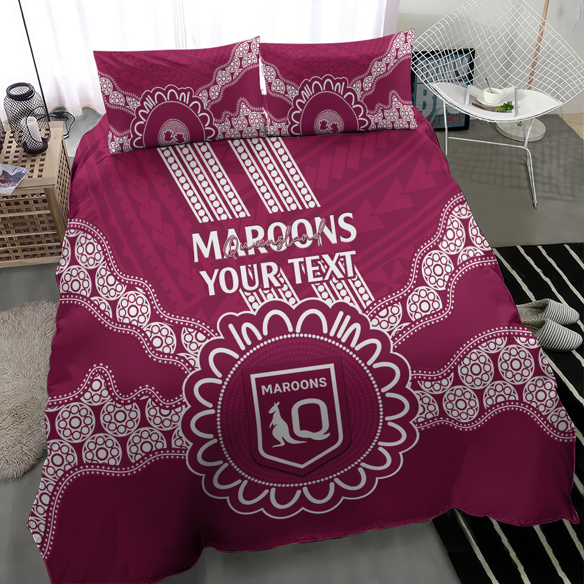 Custom QLD Maroons Rugby Bedding Set Aussie Aboriginal Mix Polynesian Pattern