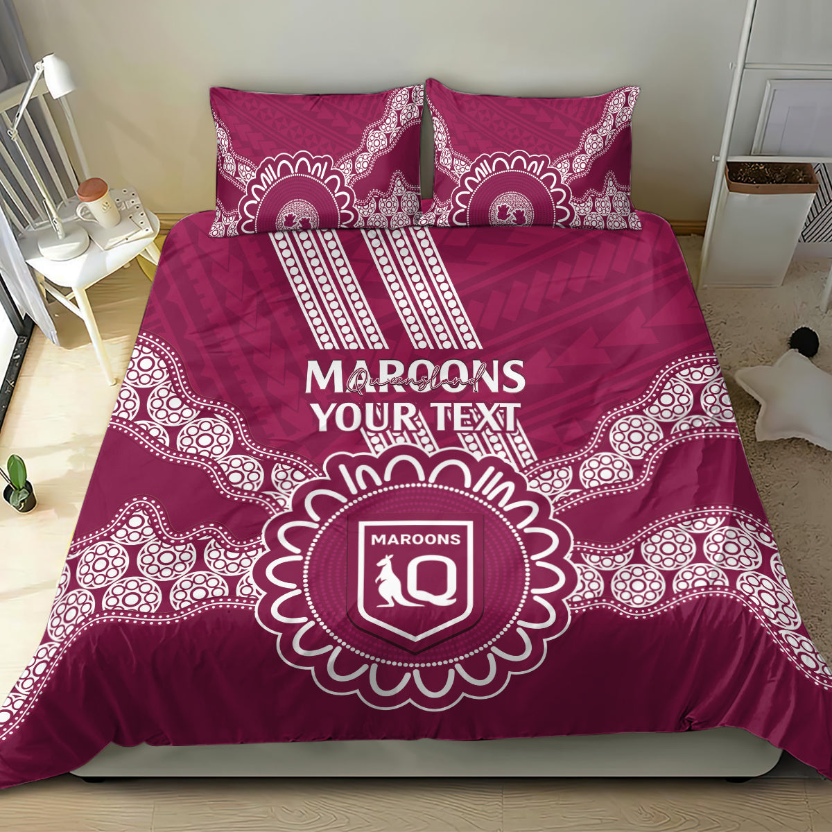 Custom QLD Maroons Rugby Bedding Set Aussie Aboriginal Mix Polynesian Pattern