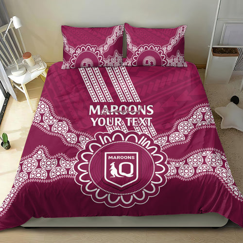 Custom QLD Maroons Rugby Bedding Set Aussie Aboriginal Mix Polynesian Pattern