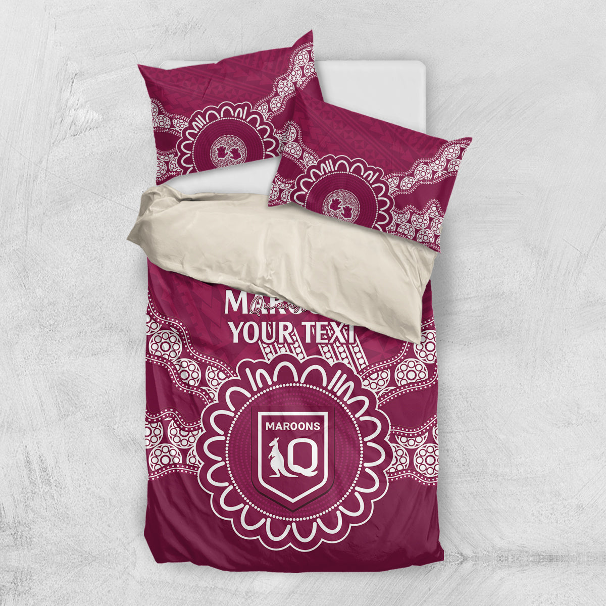 Custom QLD Maroons Rugby Bedding Set Aussie Aboriginal Mix Polynesian Pattern