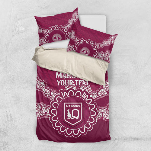 Custom QLD Maroons Rugby Bedding Set Aussie Aboriginal Mix Polynesian Pattern