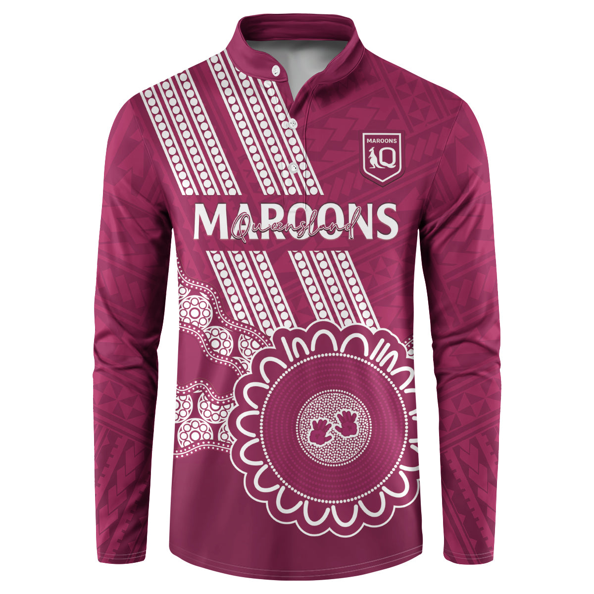 Custom QLD Maroons Rugby Button Sweatshirt Aussie Aboriginal Mix Polynesian Pattern