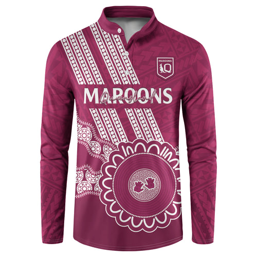 Custom QLD Maroons Rugby Button Sweatshirt Aussie Aboriginal Mix Polynesian Pattern