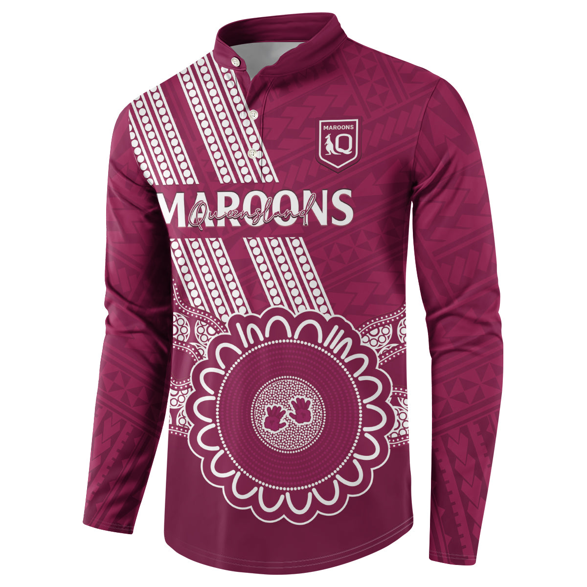 Custom QLD Maroons Rugby Button Sweatshirt Aussie Aboriginal Mix Polynesian Pattern
