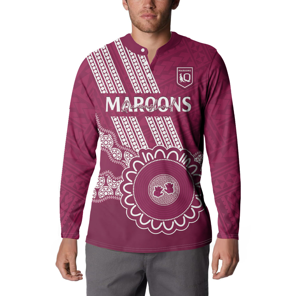 Custom QLD Maroons Rugby Button Sweatshirt Aussie Aboriginal Mix Polynesian Pattern