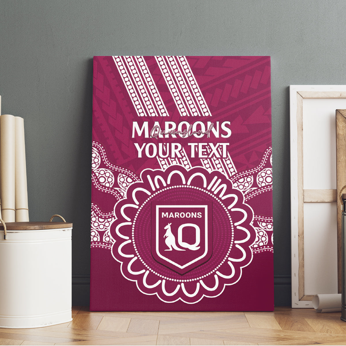 Custom QLD Maroons Rugby Canvas Wall Art Aussie Aboriginal Mix Polynesian Pattern