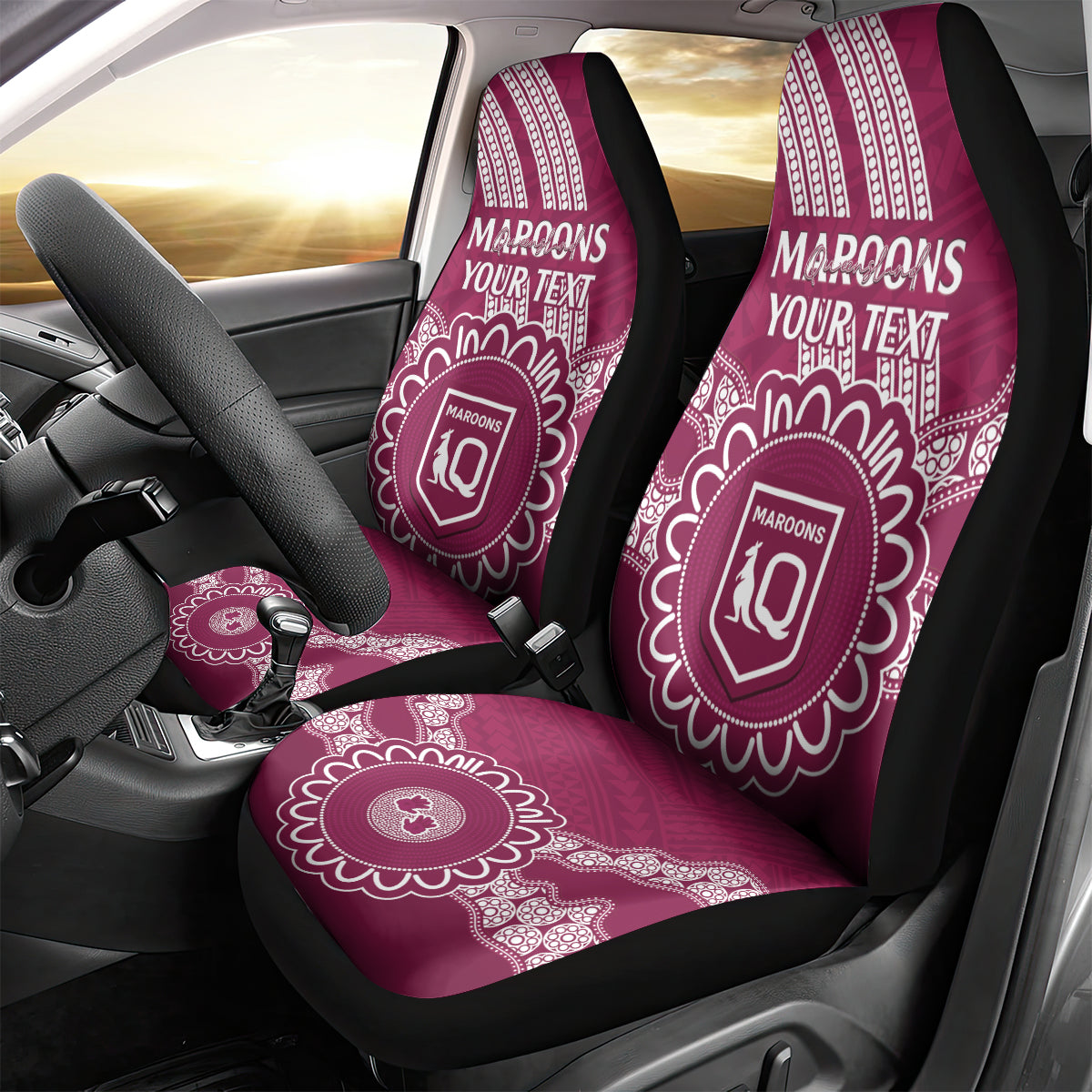 Custom QLD Maroons Rugby Car Seat Cover Aussie Aboriginal Mix Polynesian Pattern