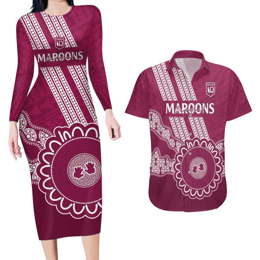 Custom QLD Maroons Rugby Couples Matching Long Sleeve Bodycon Dress and Hawaiian Shirt Aussie Aboriginal Mix Polynesian Pattern