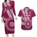 Custom QLD Maroons Rugby Couples Matching Long Sleeve Bodycon Dress and Hawaiian Shirt Aussie Aboriginal Mix Polynesian Pattern