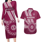Custom QLD Maroons Rugby Couples Matching Long Sleeve Bodycon Dress and Hawaiian Shirt Aussie Aboriginal Mix Polynesian Pattern