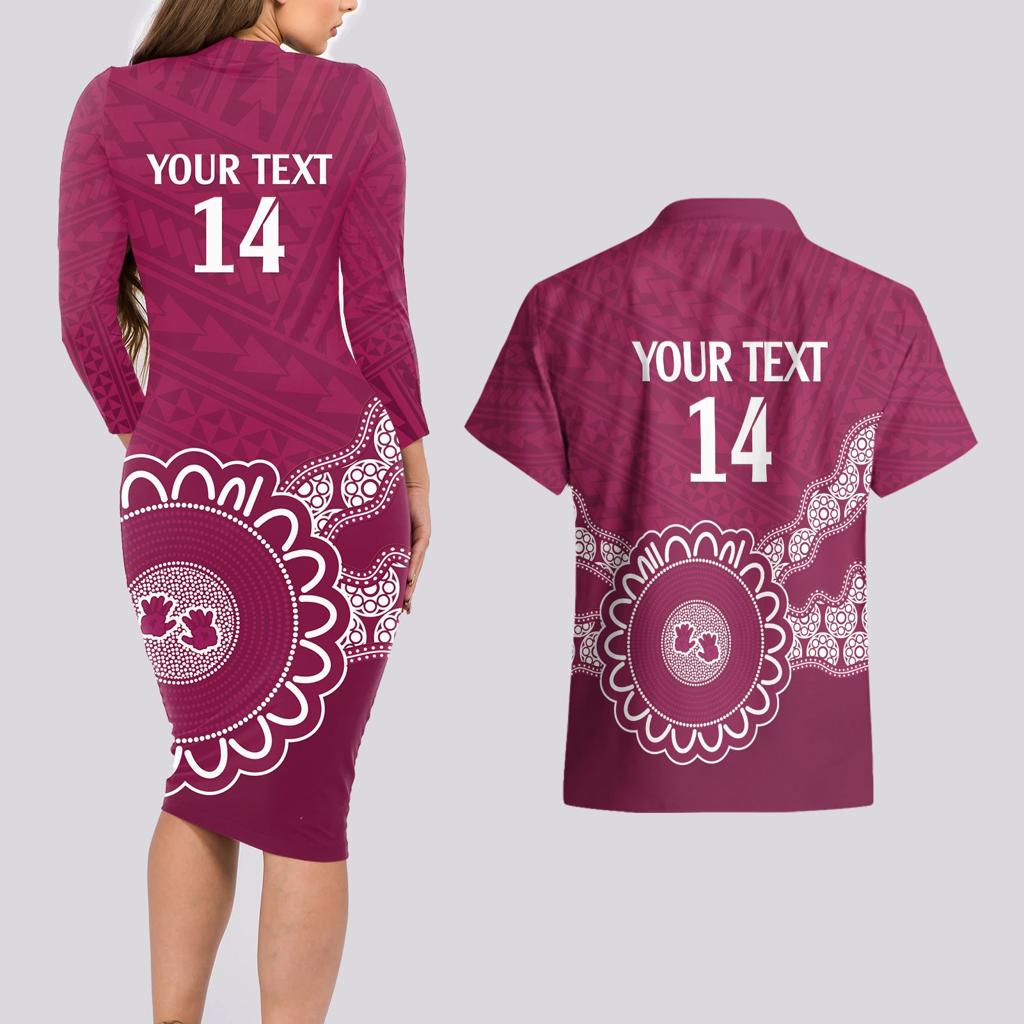 Custom QLD Maroons Rugby Couples Matching Long Sleeve Bodycon Dress and Hawaiian Shirt Aussie Aboriginal Mix Polynesian Pattern