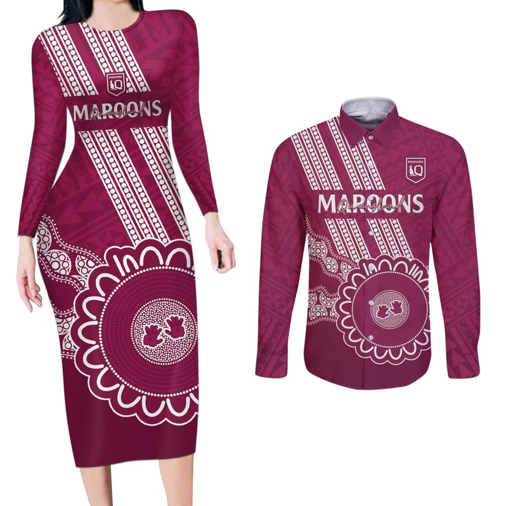Custom QLD Maroons Rugby Couples Matching Long Sleeve Bodycon Dress and Long Sleeve Button Shirt Aussie Aboriginal Mix Polynesian Pattern