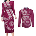 Custom QLD Maroons Rugby Couples Matching Long Sleeve Bodycon Dress and Long Sleeve Button Shirt Aussie Aboriginal Mix Polynesian Pattern