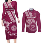 Custom QLD Maroons Rugby Couples Matching Long Sleeve Bodycon Dress and Long Sleeve Button Shirt Aussie Aboriginal Mix Polynesian Pattern