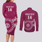 Custom QLD Maroons Rugby Couples Matching Long Sleeve Bodycon Dress and Long Sleeve Button Shirt Aussie Aboriginal Mix Polynesian Pattern