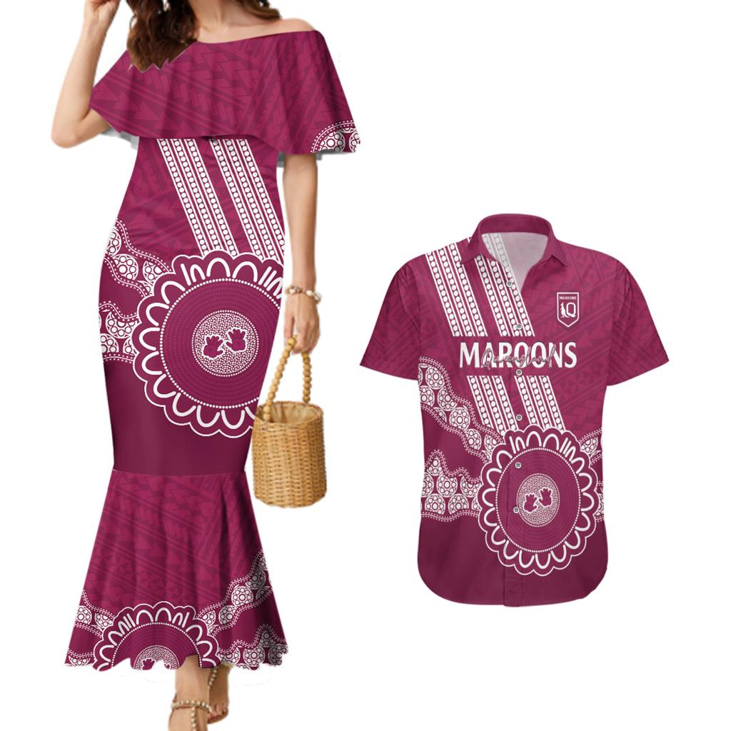 Custom QLD Maroons Rugby Couples Matching Mermaid Dress and Hawaiian Shirt Aussie Aboriginal Mix Polynesian Pattern