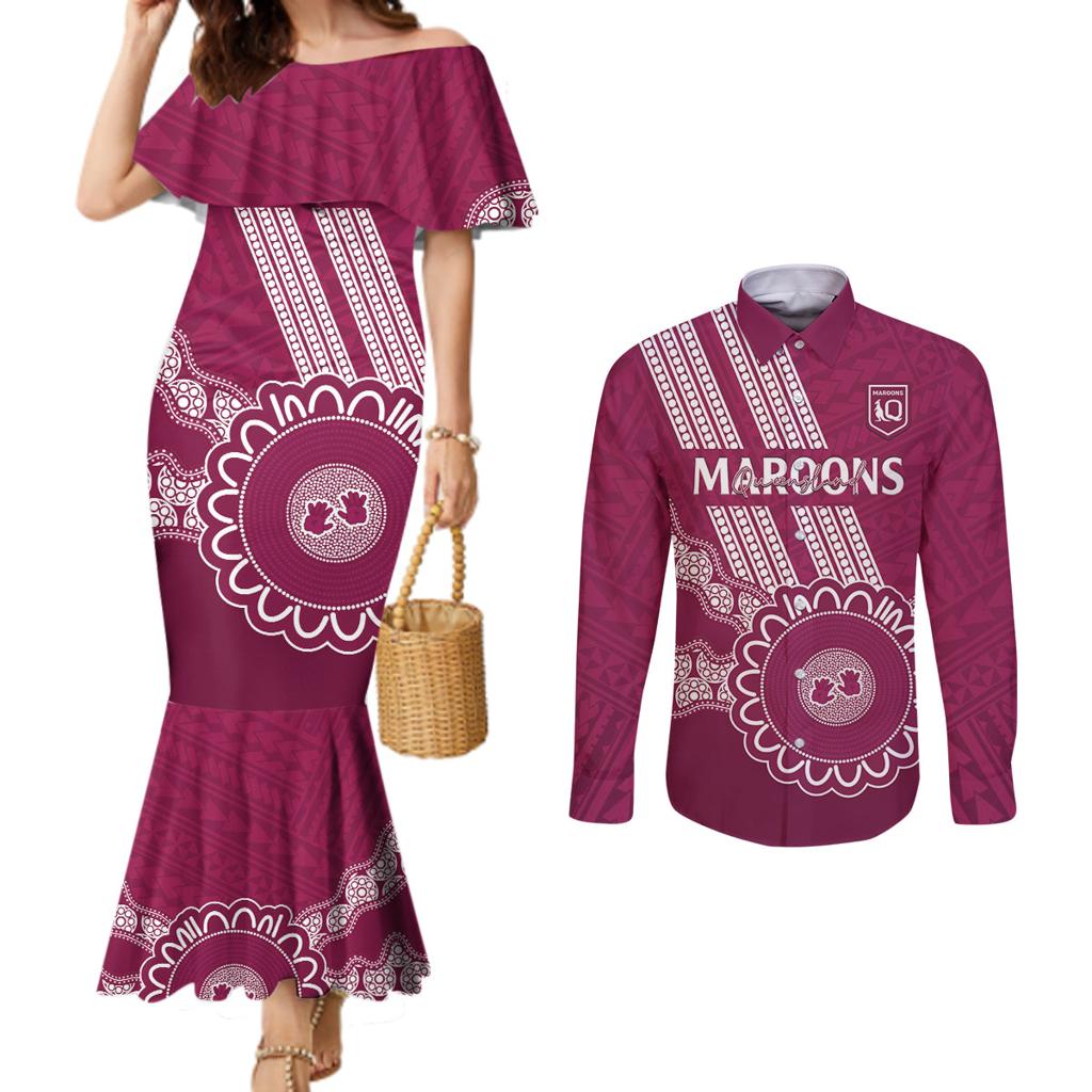 Custom QLD Maroons Rugby Couples Matching Mermaid Dress and Long Sleeve Button Shirt Aussie Aboriginal Mix Polynesian Pattern