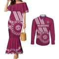 Custom QLD Maroons Rugby Couples Matching Mermaid Dress and Long Sleeve Button Shirt Aussie Aboriginal Mix Polynesian Pattern