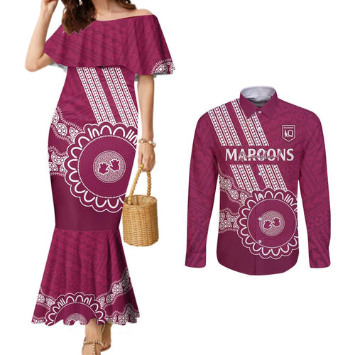 Custom QLD Maroons Rugby Couples Matching Mermaid Dress and Long Sleeve Button Shirt Aussie Aboriginal Mix Polynesian Pattern
