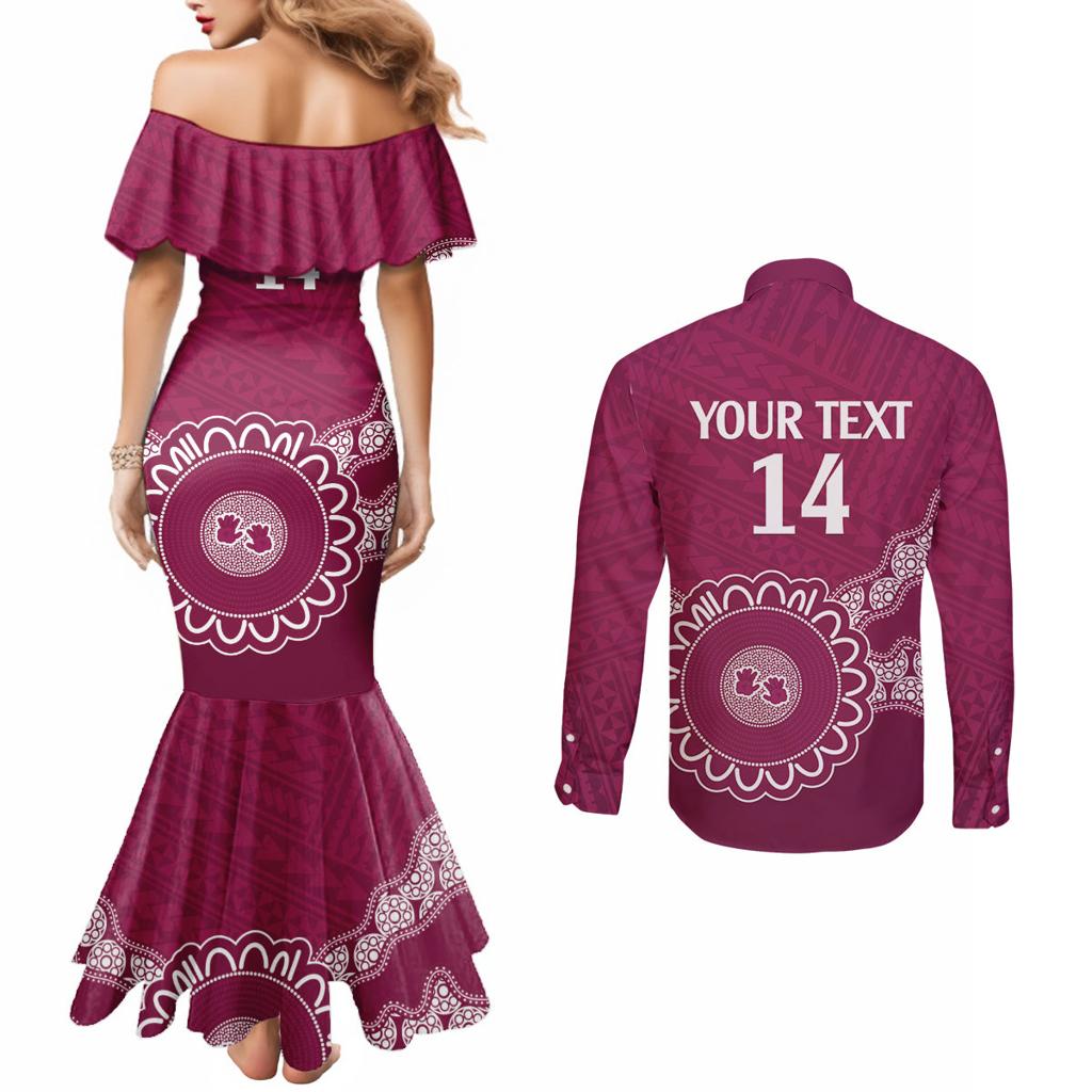 Custom QLD Maroons Rugby Couples Matching Mermaid Dress and Long Sleeve Button Shirt Aussie Aboriginal Mix Polynesian Pattern