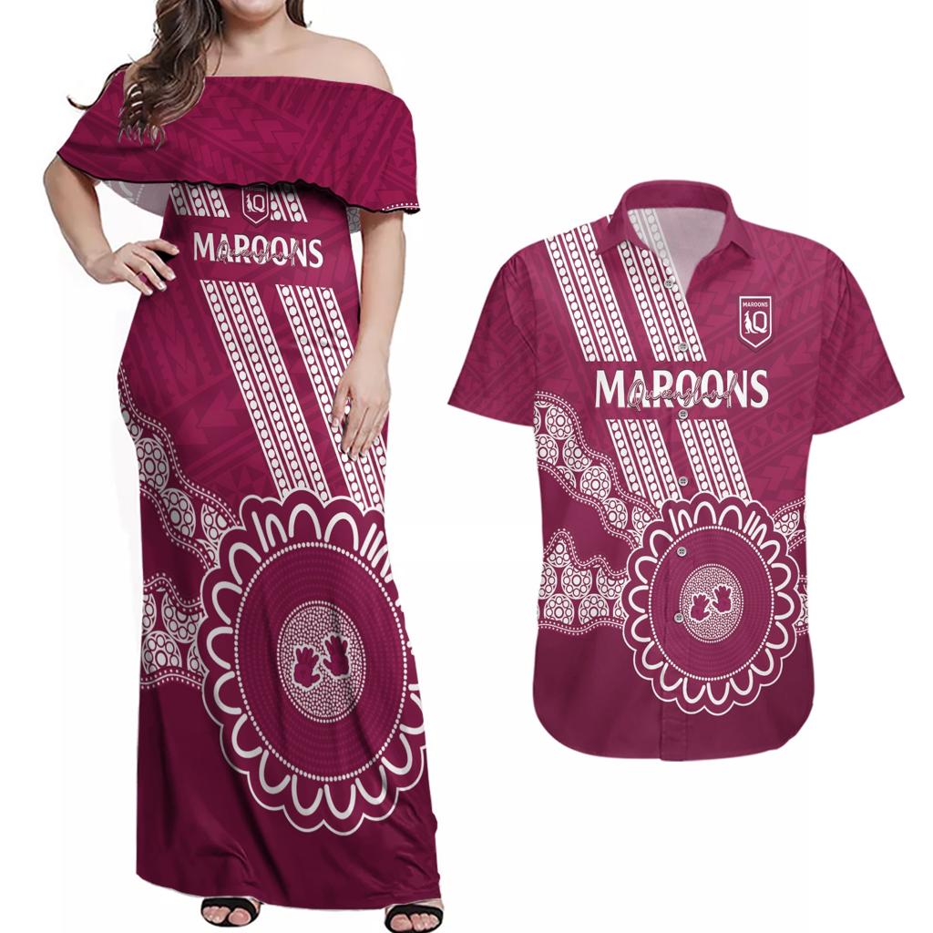 Custom QLD Maroons Rugby Couples Matching Off Shoulder Maxi Dress and Hawaiian Shirt Aussie Aboriginal Mix Polynesian Pattern