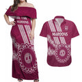 Custom QLD Maroons Rugby Couples Matching Off Shoulder Maxi Dress and Hawaiian Shirt Aussie Aboriginal Mix Polynesian Pattern