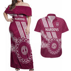 Custom QLD Maroons Rugby Couples Matching Off Shoulder Maxi Dress and Hawaiian Shirt Aussie Aboriginal Mix Polynesian Pattern