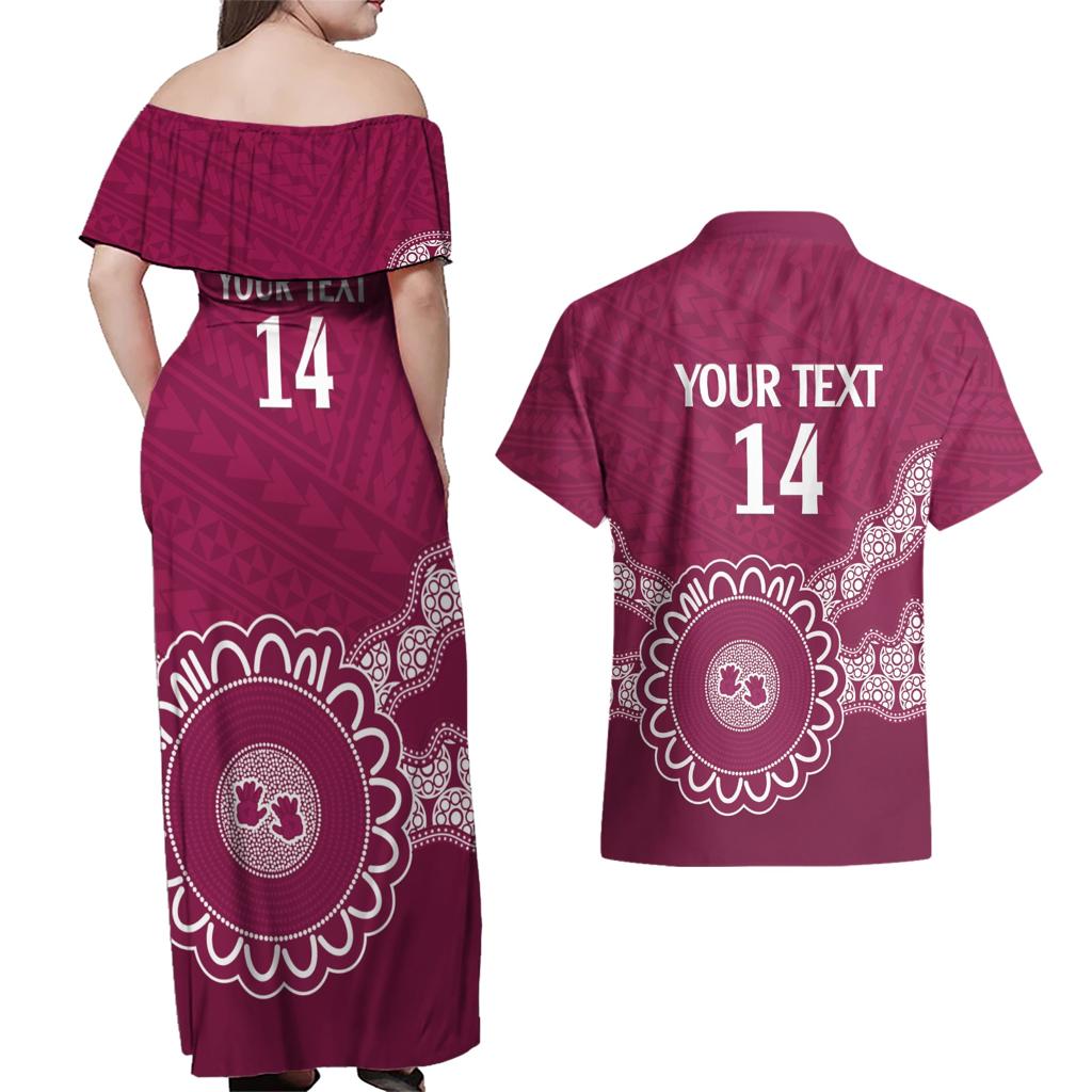 Custom QLD Maroons Rugby Couples Matching Off Shoulder Maxi Dress and Hawaiian Shirt Aussie Aboriginal Mix Polynesian Pattern