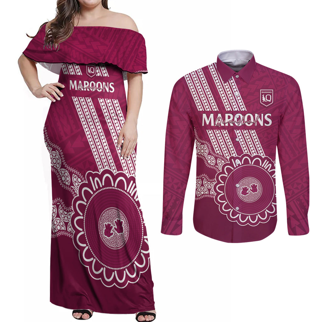 Custom QLD Maroons Rugby Couples Matching Off Shoulder Maxi Dress and Long Sleeve Button Shirt Aussie Aboriginal Mix Polynesian Pattern