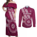 Custom QLD Maroons Rugby Couples Matching Off Shoulder Maxi Dress and Long Sleeve Button Shirt Aussie Aboriginal Mix Polynesian Pattern