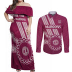 Custom QLD Maroons Rugby Couples Matching Off Shoulder Maxi Dress and Long Sleeve Button Shirt Aussie Aboriginal Mix Polynesian Pattern