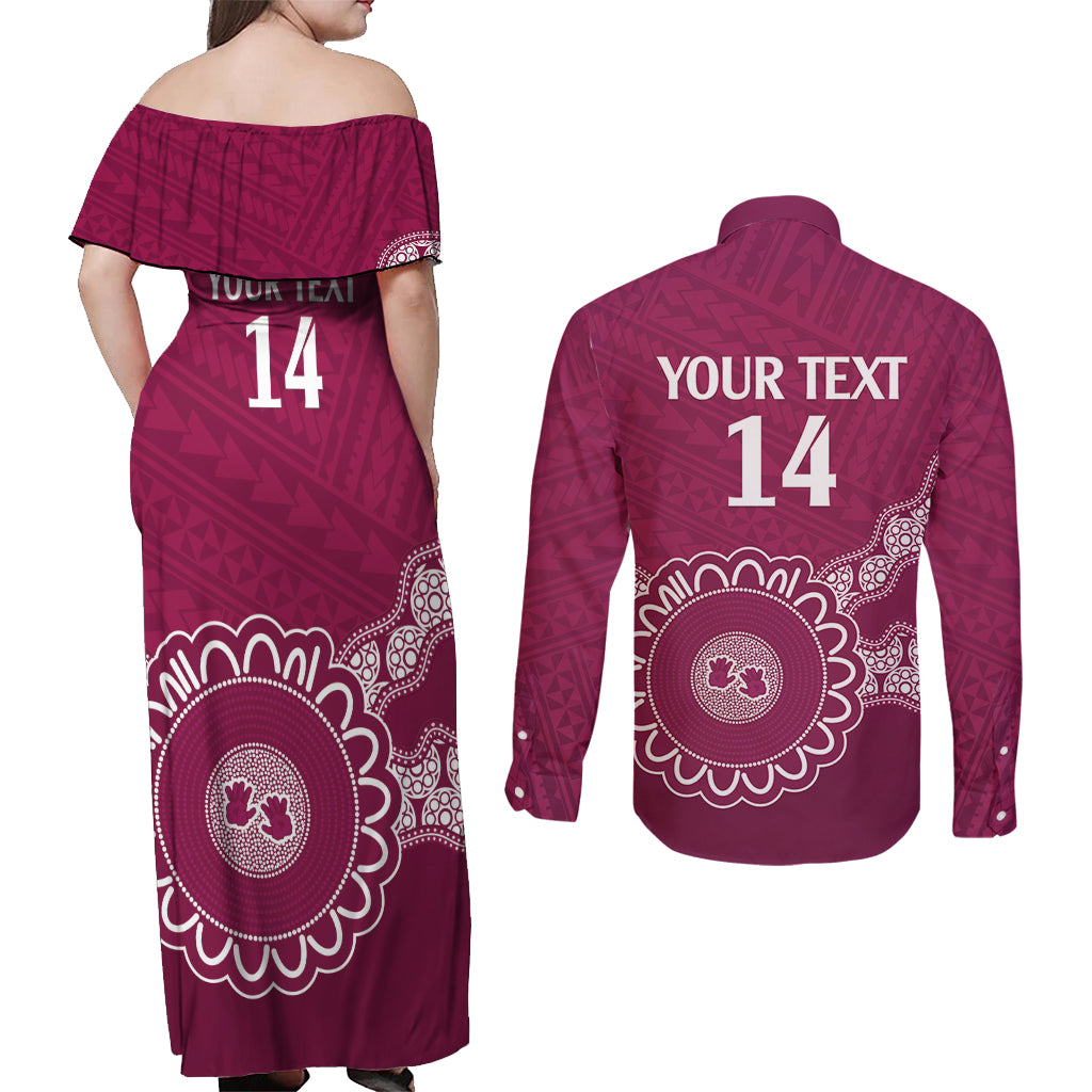 Custom QLD Maroons Rugby Couples Matching Off Shoulder Maxi Dress and Long Sleeve Button Shirt Aussie Aboriginal Mix Polynesian Pattern