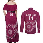 Custom QLD Maroons Rugby Couples Matching Off Shoulder Maxi Dress and Long Sleeve Button Shirt Aussie Aboriginal Mix Polynesian Pattern