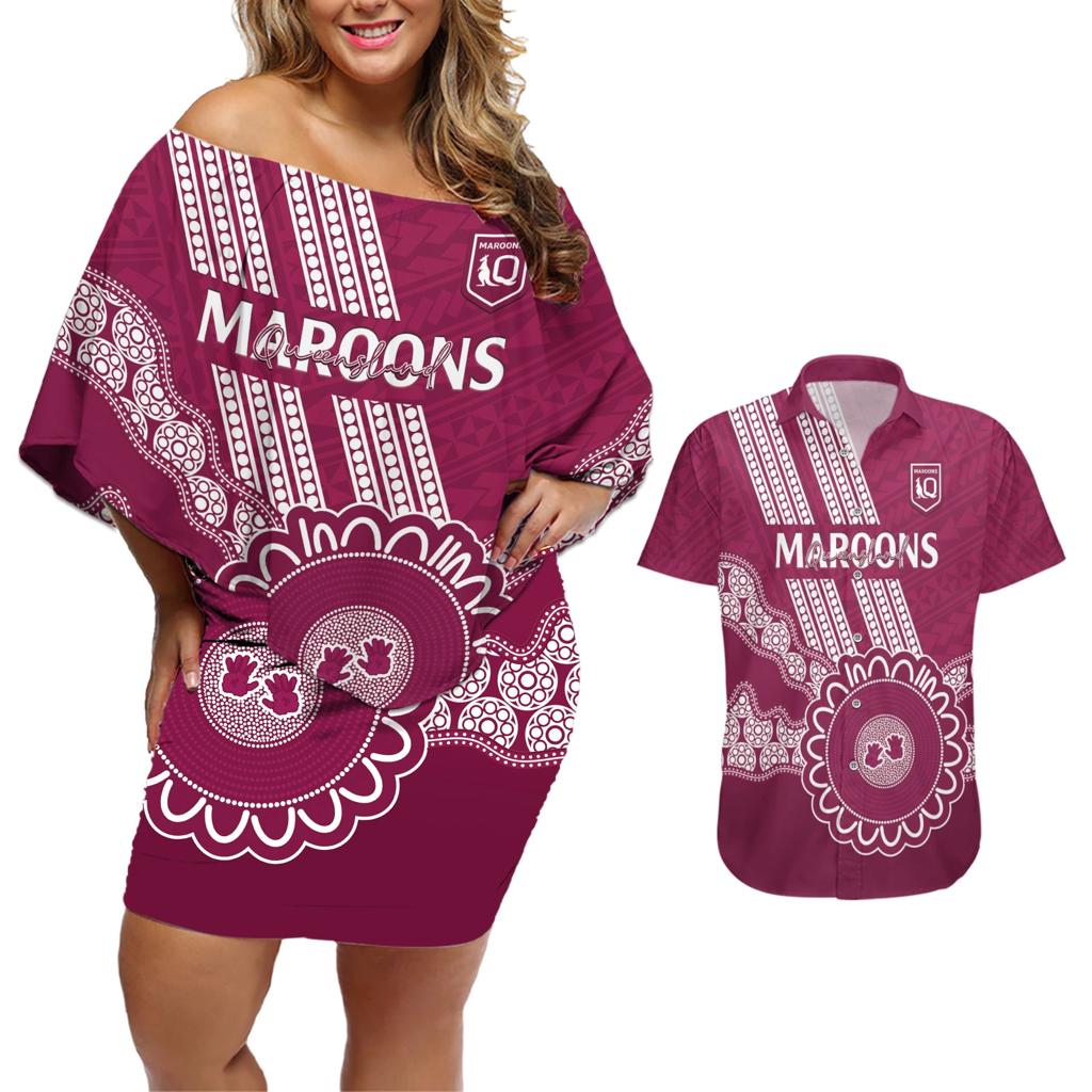 Custom QLD Maroons Rugby Couples Matching Off Shoulder Short Dress and Hawaiian Shirt Aussie Aboriginal Mix Polynesian Pattern
