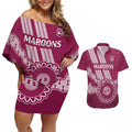 Custom QLD Maroons Rugby Couples Matching Off Shoulder Short Dress and Hawaiian Shirt Aussie Aboriginal Mix Polynesian Pattern