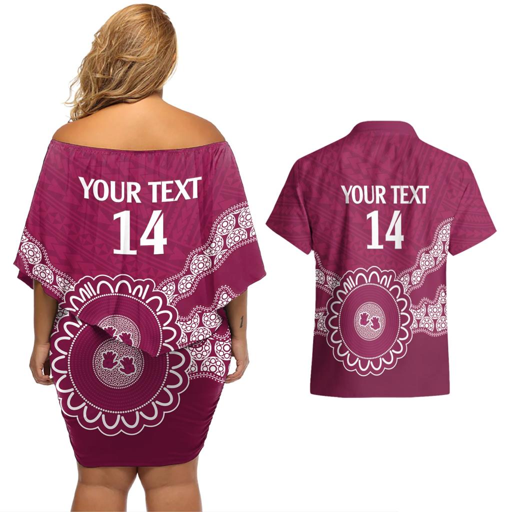 Custom QLD Maroons Rugby Couples Matching Off Shoulder Short Dress and Hawaiian Shirt Aussie Aboriginal Mix Polynesian Pattern