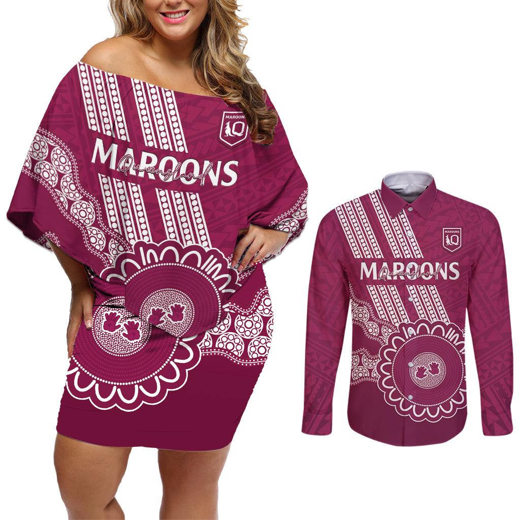 Custom QLD Maroons Rugby Couples Matching Off Shoulder Short Dress and Long Sleeve Button Shirt Aussie Aboriginal Mix Polynesian Pattern