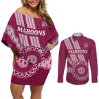 Custom QLD Maroons Rugby Couples Matching Off Shoulder Short Dress and Long Sleeve Button Shirt Aussie Aboriginal Mix Polynesian Pattern