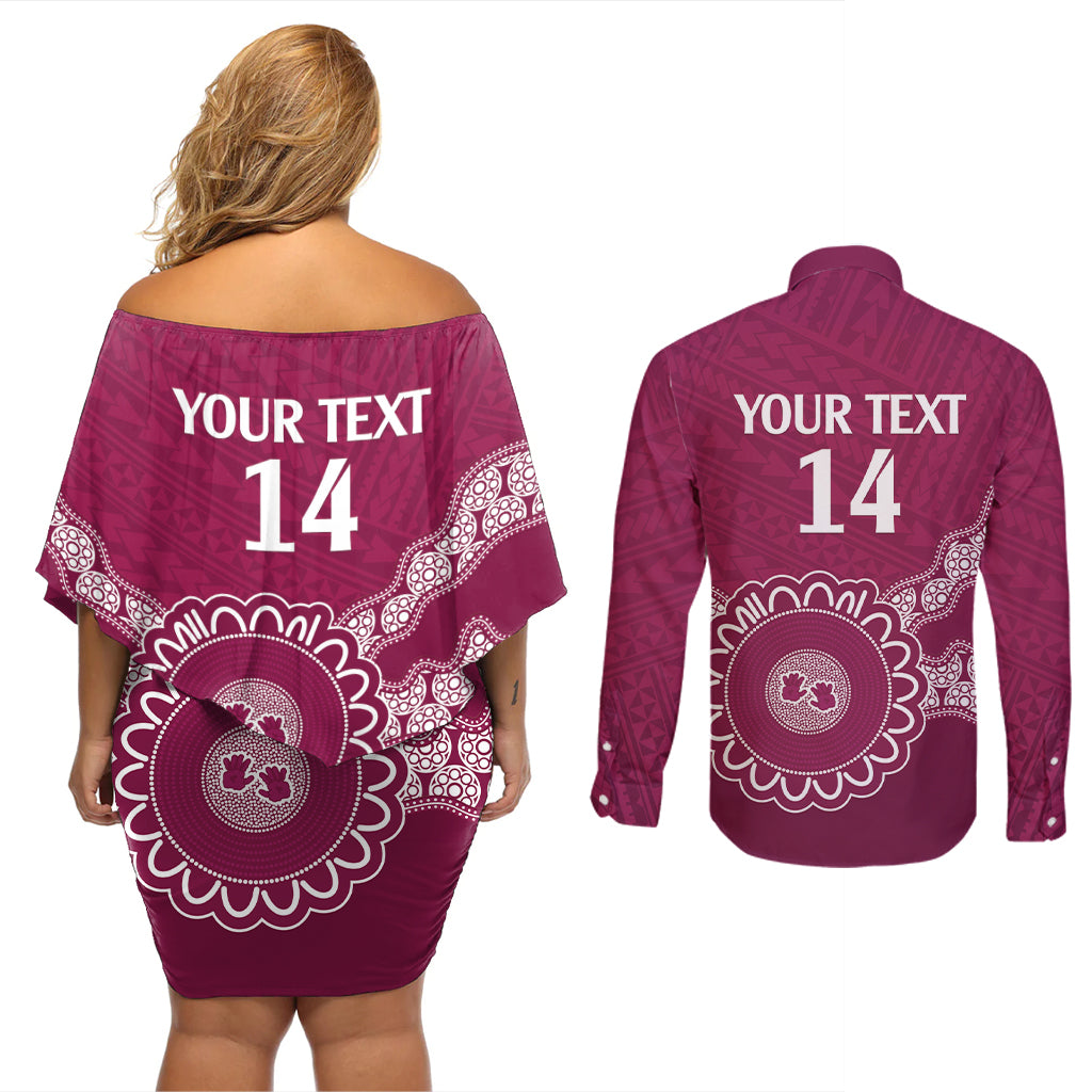 Custom QLD Maroons Rugby Couples Matching Off Shoulder Short Dress and Long Sleeve Button Shirt Aussie Aboriginal Mix Polynesian Pattern