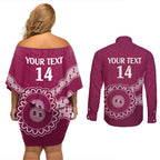 Custom QLD Maroons Rugby Couples Matching Off Shoulder Short Dress and Long Sleeve Button Shirt Aussie Aboriginal Mix Polynesian Pattern