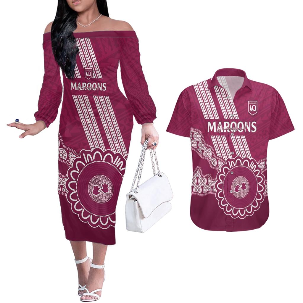 Custom QLD Maroons Rugby Couples Matching Off The Shoulder Long Sleeve Dress and Hawaiian Shirt Aussie Aboriginal Mix Polynesian Pattern